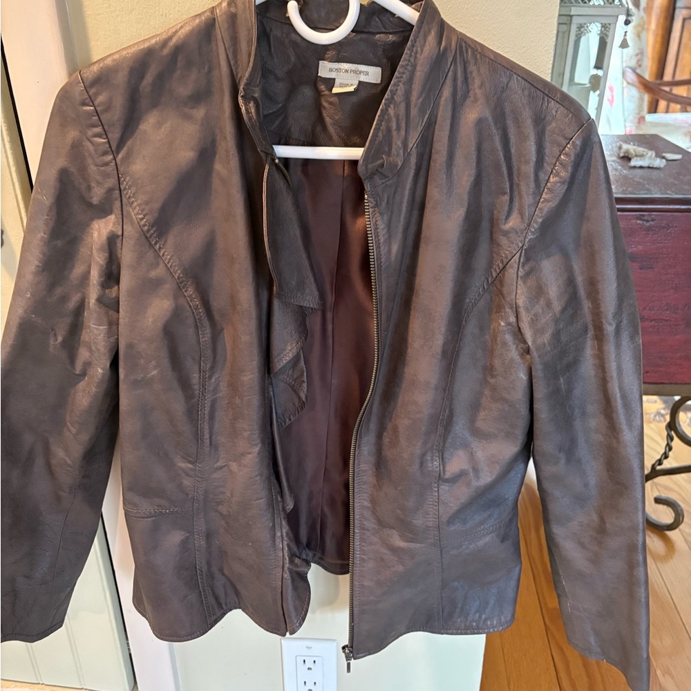 Boston Proper Dark Brown Leather Jacket. Ruffle - Picture 4 of 10